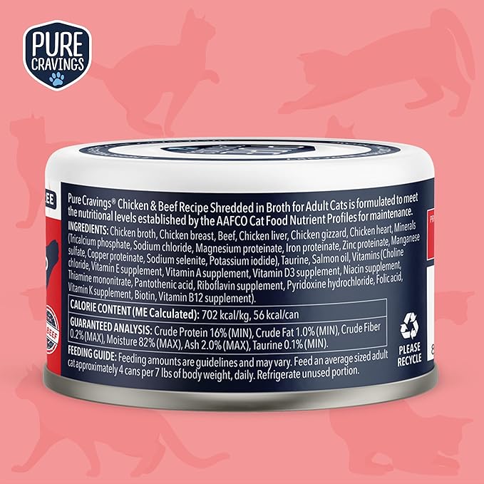 Pure Cravings Chicken and Beef Recipe in Broth, Shredded Wet Cat Food, Grain-Free Protein, Non-GMO