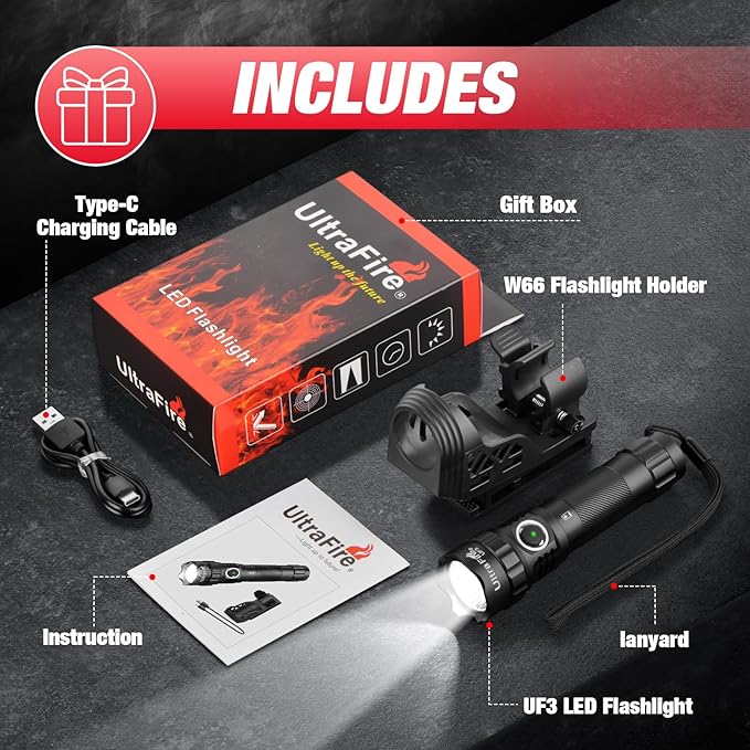 ULTRAFIRE Tactical Flashlight with Holster, 1200 High Lumen Police Flashlight with Holster for Duty