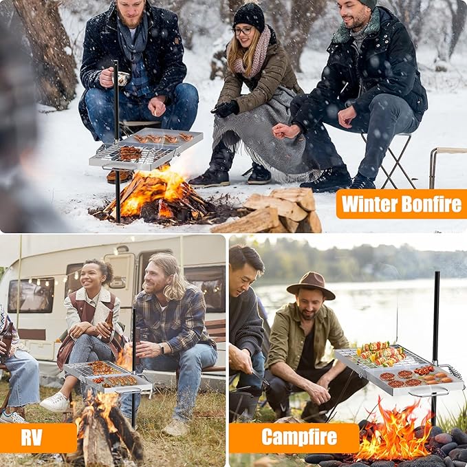 Skyflame Folding Campfire Grill Grate, Stainless Steel Swivel Camping Grill Grate and Griddle with