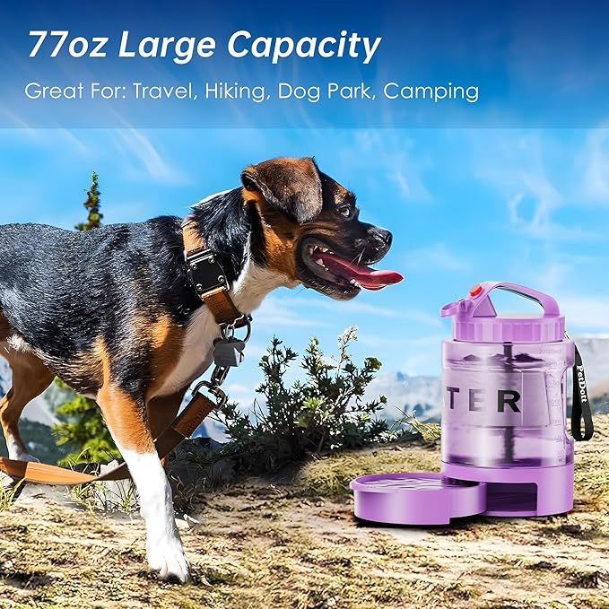 77oz Dog Water Bottle with Dispenser Bowl, 2200ml Capacity, Purple, Portable Pet Travel Bottle with