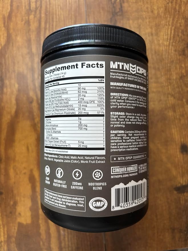 MTN OPS Ignite Energy Drink Powder, Naturally Gluten Free & Sweetened with Monk Fruit, Nitric Oxide