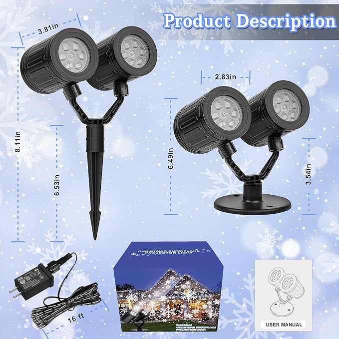 Christmas Snowflake Projector Lights Outdoor Waterproof 2025 Upgraded Double Head Dynamic Rotating