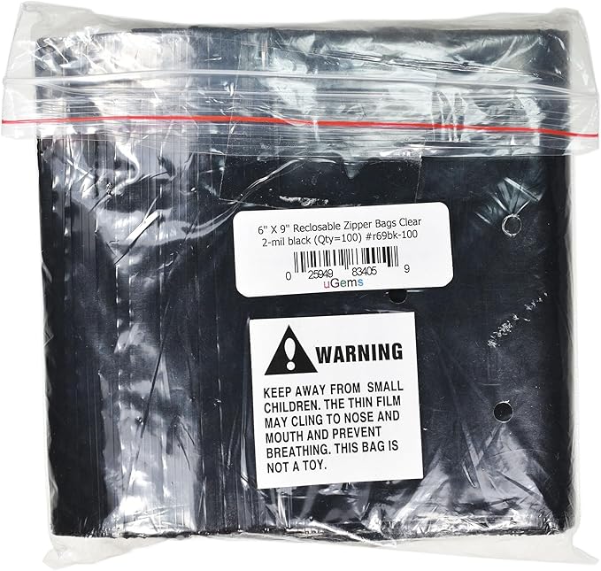 uGems 6" x 9" Black Resealable Zip Lock Bags -100 Pack of Opaque Plastic Storage Bags for Privacy