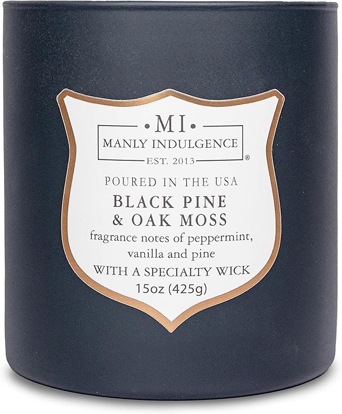 Manly Indulgence Black Pine Oakmoss Scented Candles for Men, 15 oz Wooden Wick, Premium Soy Blend