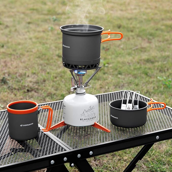 Odoland Camping Pots with Heat Exchanger Camping Cooking Set with Portable Camping Stove Camping