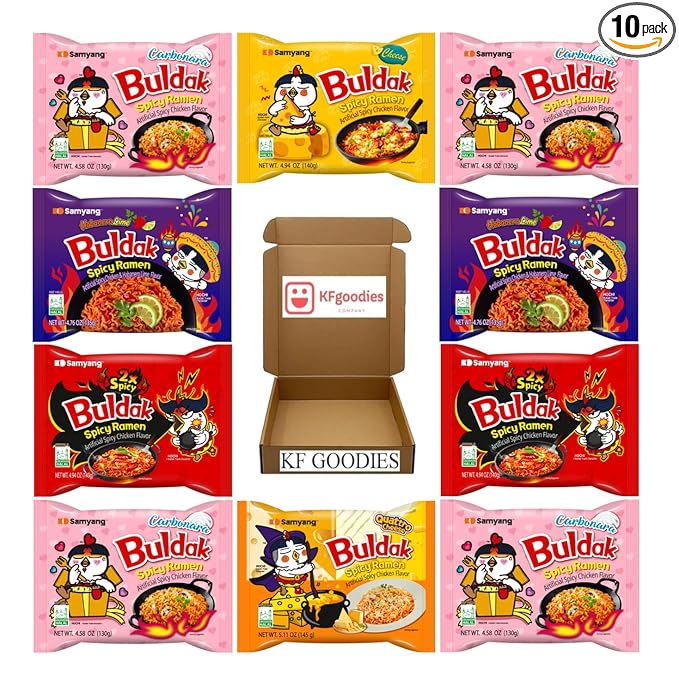 KF GOODIES Korean Ramen Variety Pack Gift Box (10 Count) – Spicy Buldak Noodle Assortment for