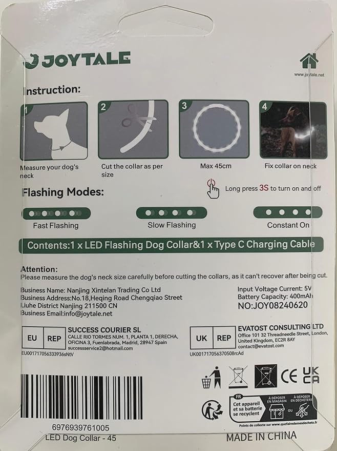 Joytale Light Up Dog Collar, Rainproof and Rechargeable LED, 9 Flashing Modes, Glow for Night