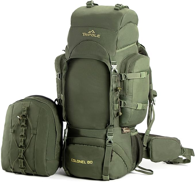 Tripole Colonel 80 Litres Internal Frame Rucksack + Detachable Day Pack, Rain Cover, Army Green