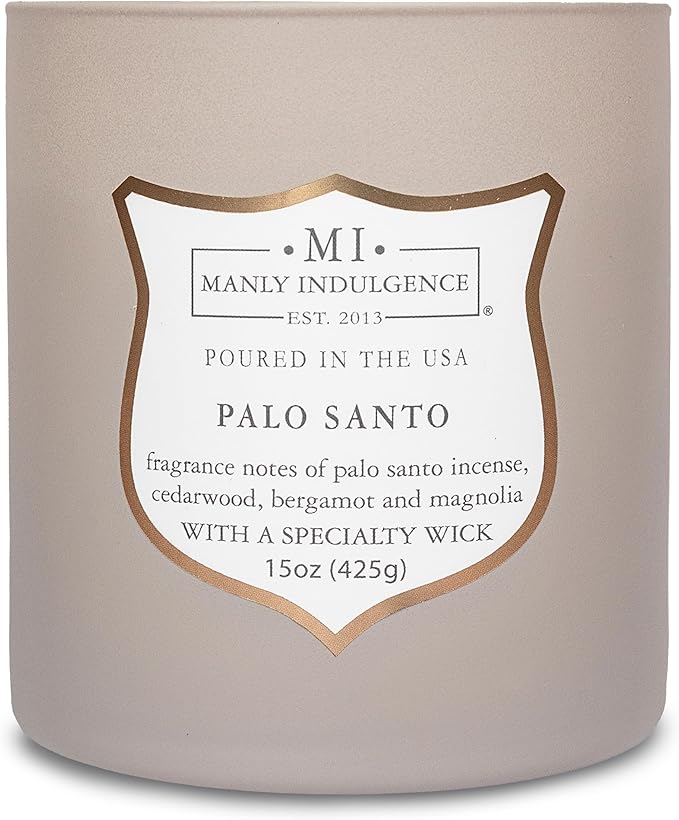 Manly Indulgence Palo Santo Scented Candles for Men, 15 oz Wooden Wick, Premium Soy Blend Wax, 60H