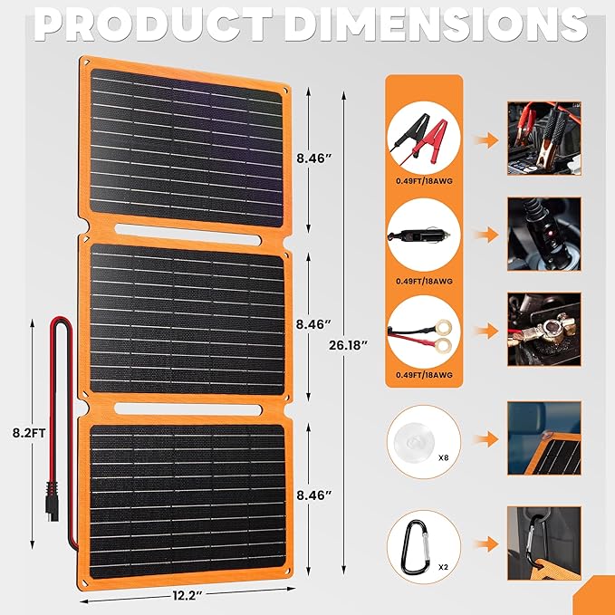 FieryRed 30W Folding Solar Battery Trickle Charger Maintainer, 2-in-1 Portable 12V Solar Trickle