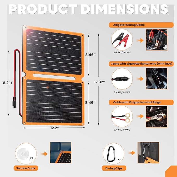 FieryRed 20W 12V Folding Solar Battery Trickle Charger Maintainer, 2-in-1 Portable Solar Trickle