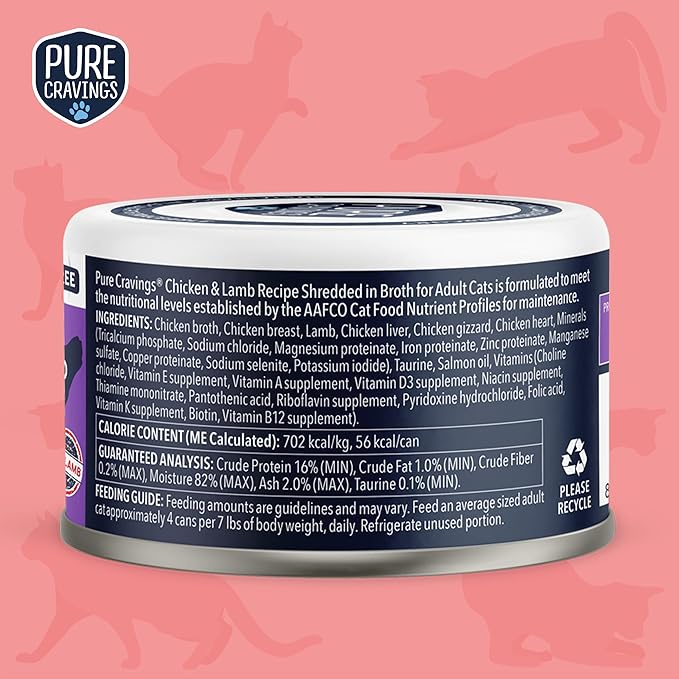 Pure Cravings Chicken and Lamb Recipe in Broth, Shredded Wet Cat Food, Grain-Free Protein, Non-GMO