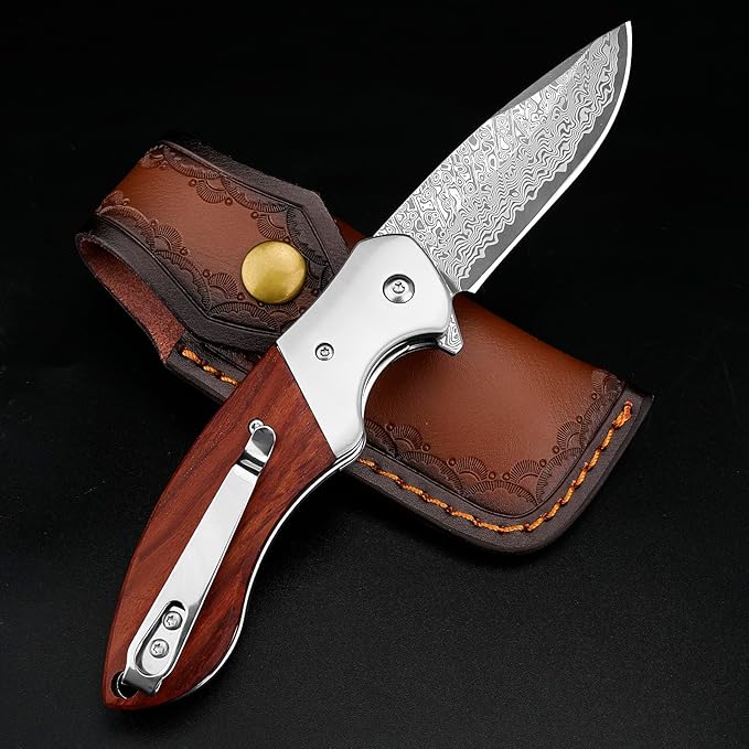 KOMWERO Damascus Pocket Knife, Sharp Damascus Steel Knife with Core VG10 Steel Blade Wood Handle