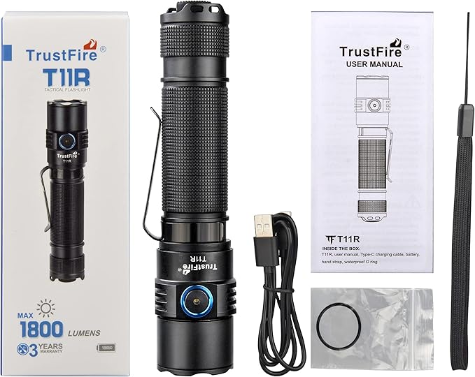 TrustFire T11R Rechargeable LED Tactical Flashlight, 1800 Lumens, Waterproof, Dual Switch, 22 Hours