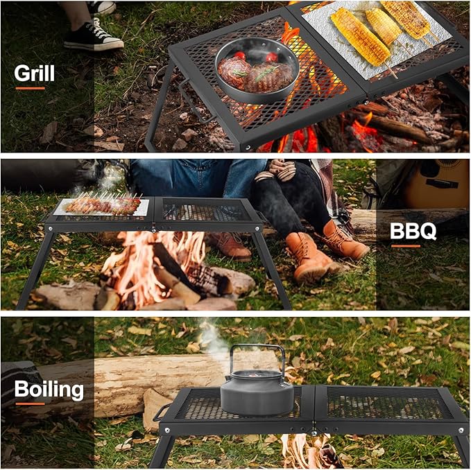 Odoland Folding Campfire Grill, Heavy Duty Steel Mesh Grate with Folding Legs and Storage Bag