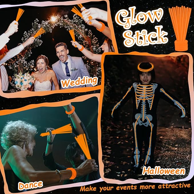 ILHSTY 100 Pcs 8'' Orange Glow Sticks Glow In The Dark Party Favors Supplies Bright GlowSticks