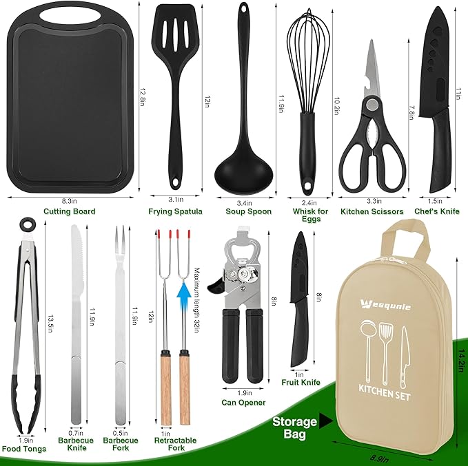 Camping Essentials Cookware Cooking Utensils Set - Portable Camp Kitchen Mess Kit Outdoor