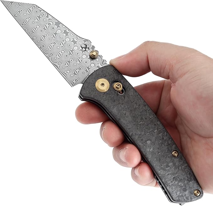 KANSEPT Elite Main Street Pocket Knife, 3.36''Damascus Sharp Tanto Blade, Shred Carbon Fiber Handle