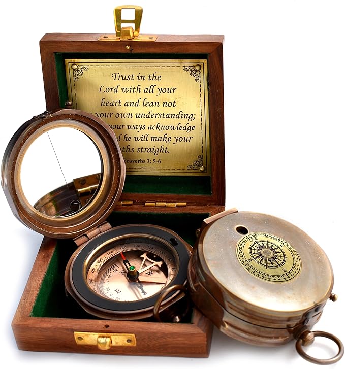 Trust in The Lord With All Your Heart - Proverbs 3:5-6 Quote Engraved Compass With Wooden Box