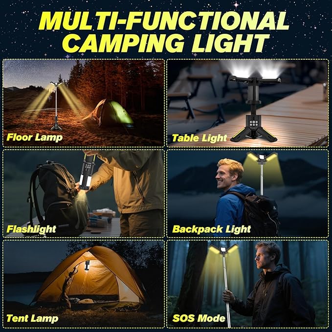 Portable Camping Lights with Stand, 5000LM Rechargeable LED Flashlight, 9 Color Modes, Collapsible