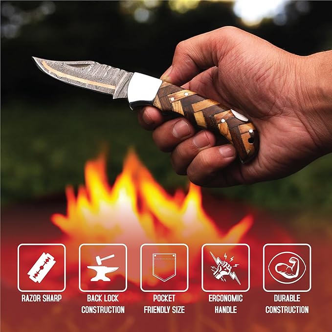 6.5 inch Damascus Pocket Knife with Sheath, Handmade Folding Pocket Knife for Men, Black-Red Wooden