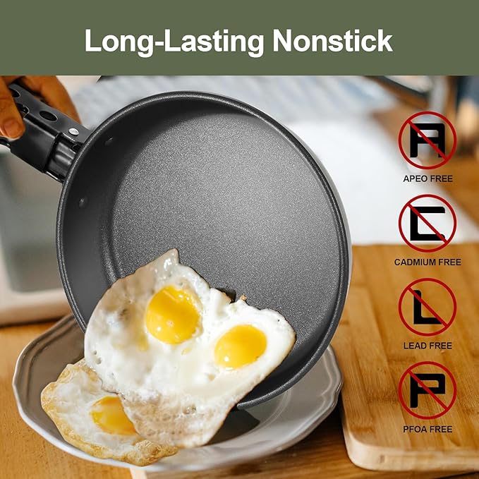 Odoland 5pcs Camping Cookware Non-Stick Camping Pot and Pan Set with Kettle and Removable Handle