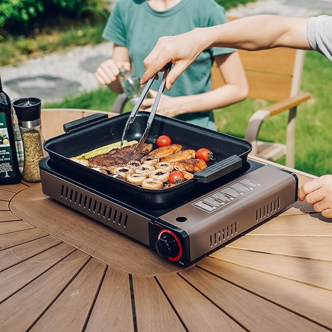 ONLYFIRE Butane Stove with Grill Pan, Portable Stove with Small Griddle & Lid, Camping Stove