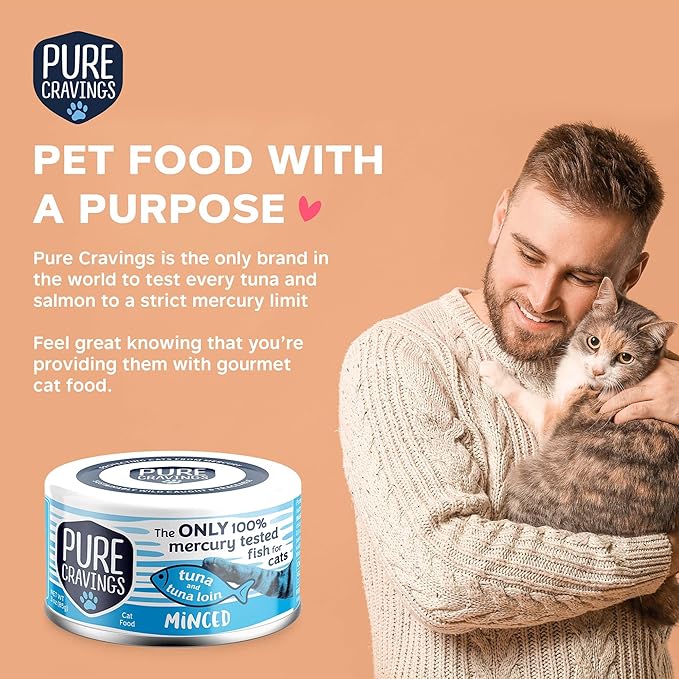 Pure Cravings Minced Tuna and Tuna Loin Wet Canned Cat Food, 100% Mercury-Tested, Moist Can Fish