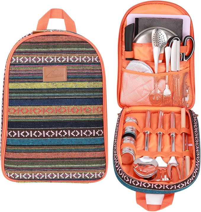 Portable Camping Kitchen Utensil Set-27 Piece Cookware Kit, Stainless Steel Outdoor Cooking and
