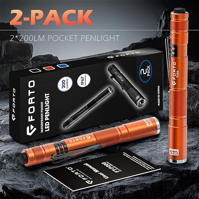 FORTO LED Pen Light, 200 Lumens Pocket Flashlight, IP67 Waterproof, 2 Modes, 2 Pack with AAA