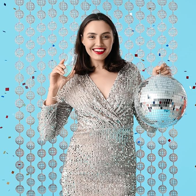 BRAVESHINE Hanging Balls Party Streamers Backdrop - 2 Pack Silver Tinsel Foil Curtain Photo Fringe