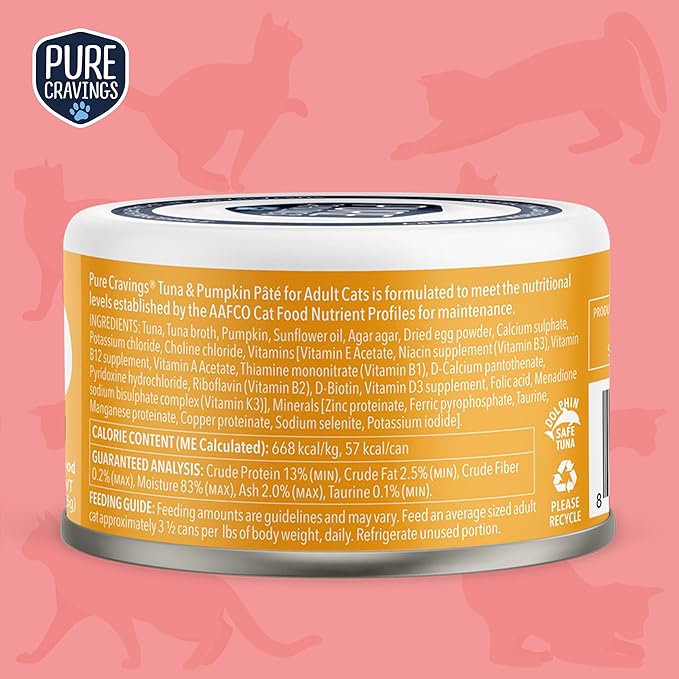 Pure Cravings Tuna and Pumpkin Pate, Canned Wet Cat Food, 100% Mercury-Tested, Moist Can Fish