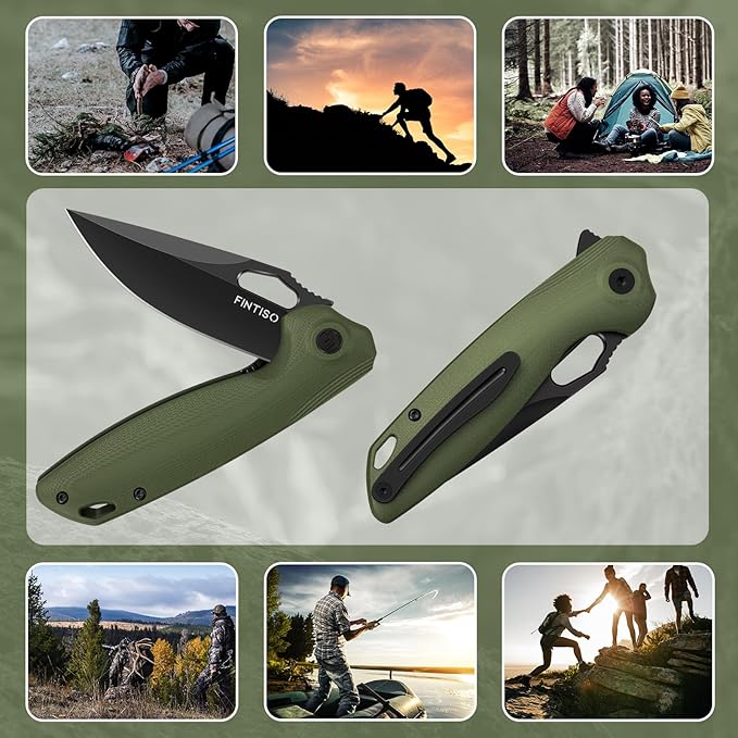 FINTISO Pocket Knife 3.38" Folding Knife Premium 14C28N Blade with G10 Handle, Camping Survival