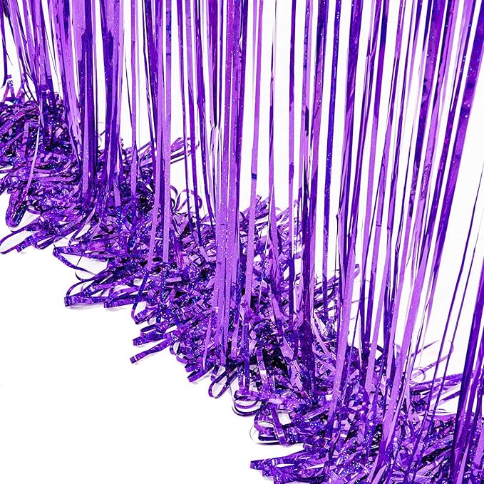 BRAVESHINE Purple Tinsel Foil Fringe Curtains - 2Pcs 3.2x8.2ft Metallic Holidays Photo Backdrop for