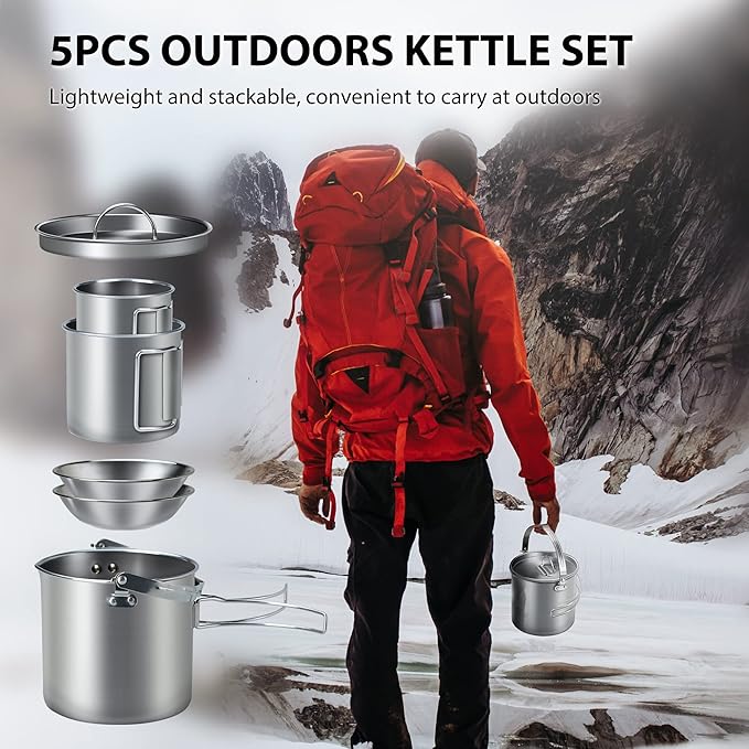 Lixada 5PCS Camping Cookware Set Stainless Steel 1.2L Camping Pot with 2 Cups & 2 Bowls