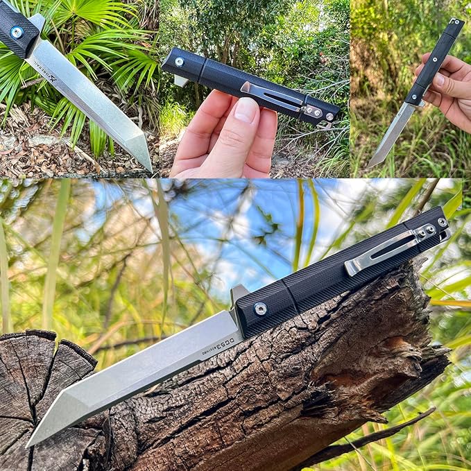 Flipper Pocket Folding Knife,DC53 Steel Blade and G10 Handle. With pocket clip and glass