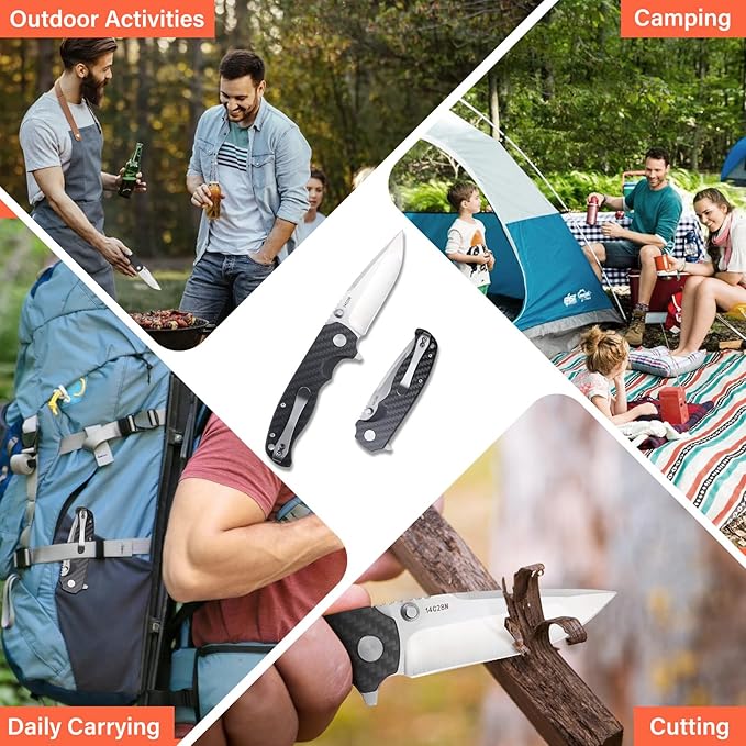 Men's Folding Pocket Knife – 3.4" Sandvik 14C28N Blade Carbon Fiber Handle Ceramic Bearings Liner
