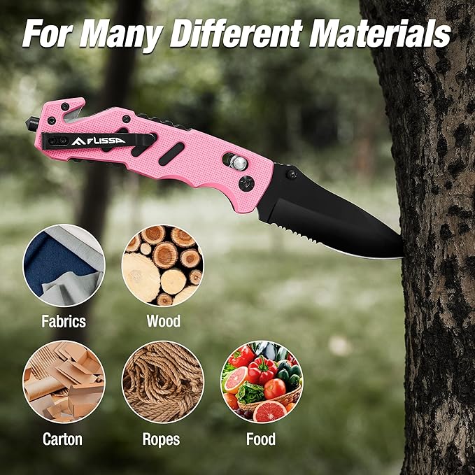 FLISSA Folding Pocket Knife with Clip, Glass Breaker and Seatbelt Cutter, Survival Knife for