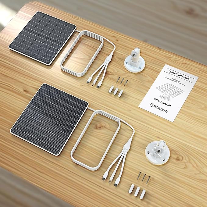 FlexSolar 2 Pack 6W Solar Panel for Security Camera, IP67 Waterproof with 10ft Cable, Dual USB