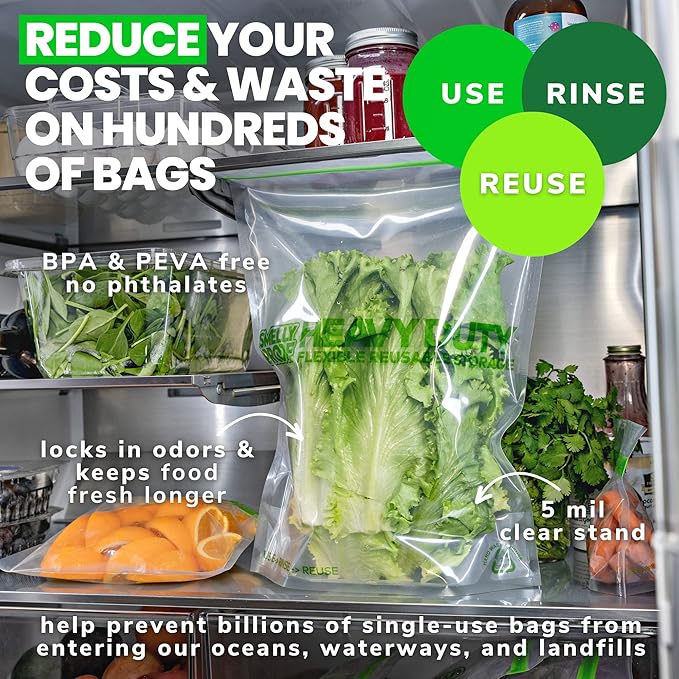 Smelly Proof HEAVY DUTY Reusable STAND-UP Bags for Food Storage, USA Made, NO PEVA & BPA FREE