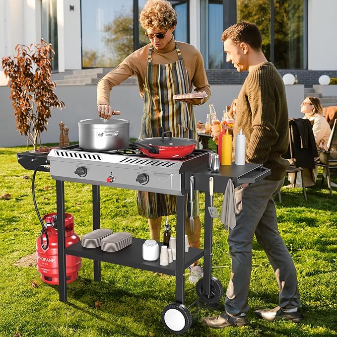Bonnlo 2 Burner Propane Gas Burner with Auto Ignition, 150000 BTU Camping Stove with Storage Shelf