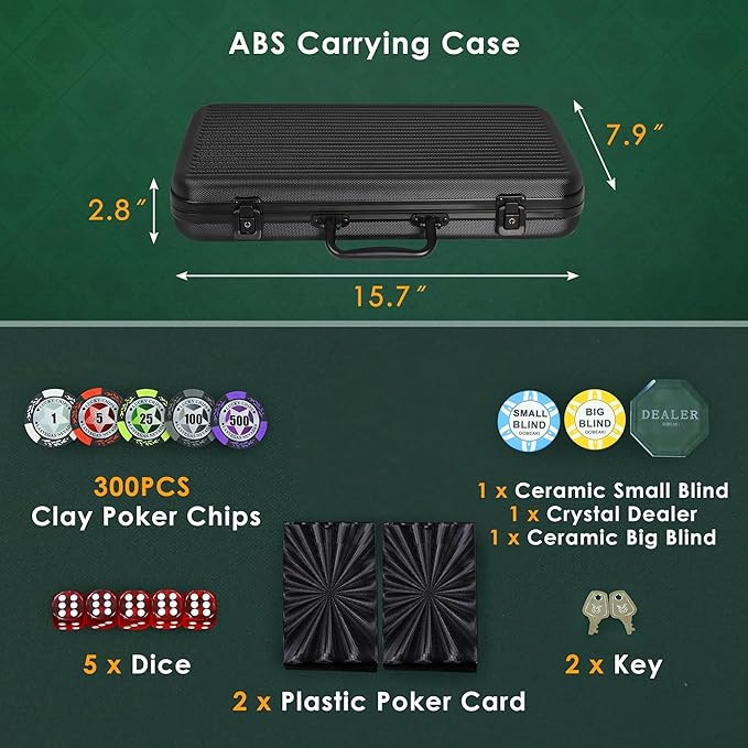 ORIENGEAR Poker Chip Set with Denominations, 300 PCS 14 Gram Clay Composite Casino Chips with ABS