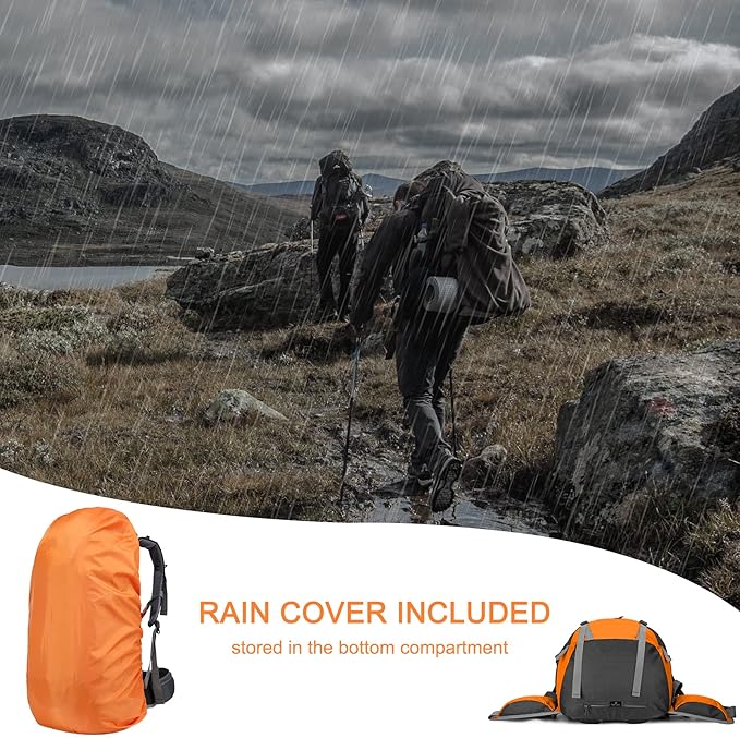 Loowoko 50L Hiking Backpack, Waterproof Camping Essentials Bag with Rain Cover, 45+5 Liter