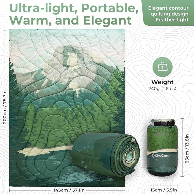 KingCamp Ultralight Camping Blanket, Packable Down Alternative Puffy Printed Wearable Blanket with