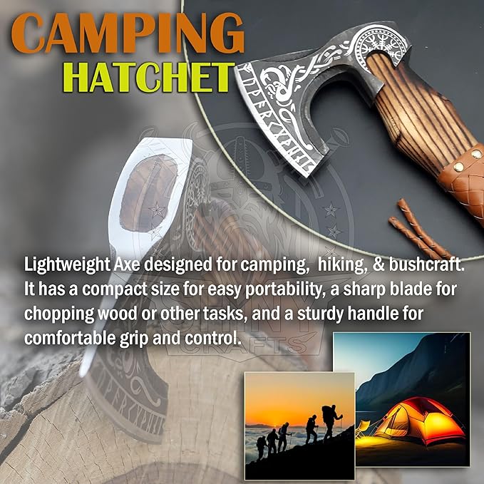 SHINY CRAFTS®- Custom Viking Hatchet – Rustic Gift for Men Handmade Axe for Camping, Groomsmen