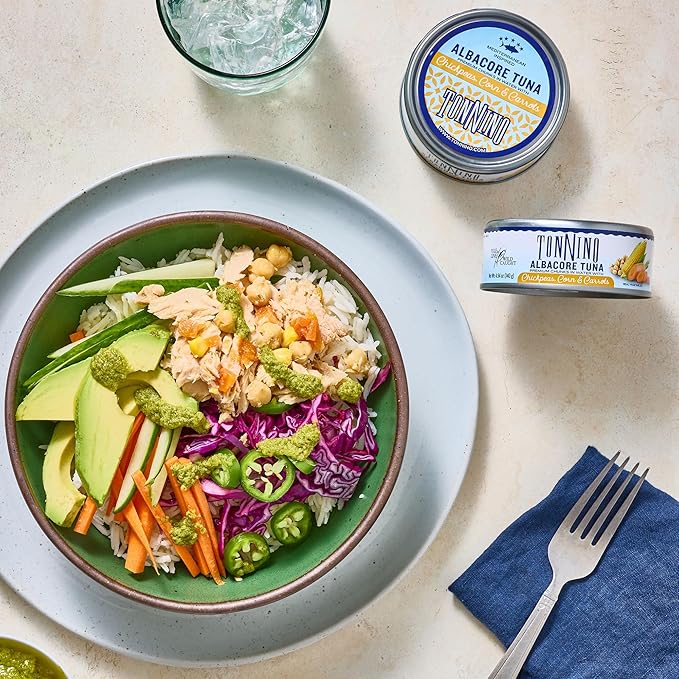 Tonnino Tuna Fish Albacore - Premium chunk in water with Chickpeas, Corn & Carrots - Pack of 12