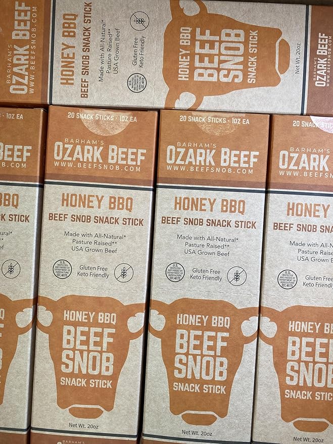 Beef Snob Snack Sticks - Honey BBQ Flavor - 1 Ounce Snack - 20 Meat Sticks Per Box - High Protein