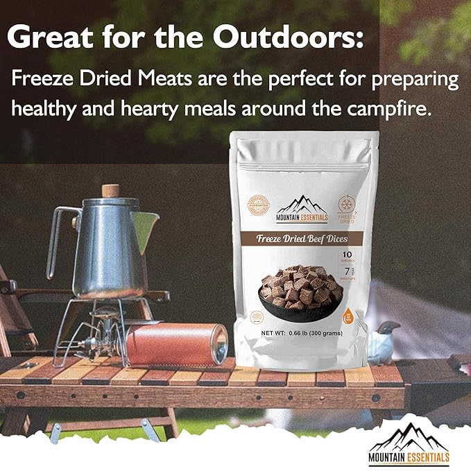 MOUNTAIN ESSENTIALS Freeze-Dried Diced Beef ??Fully Cooked Meat | Pre-Cooked | 240g High Protein