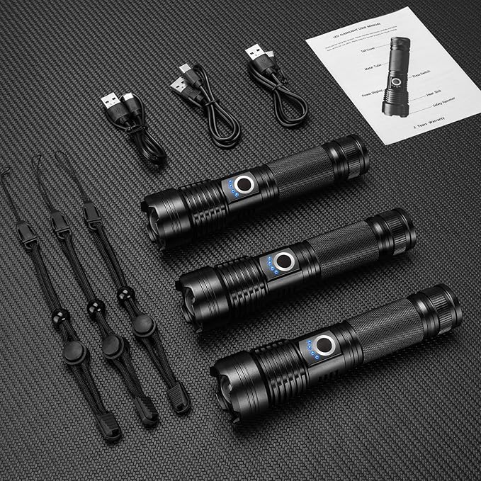 Rechargeable Flashlights High Lumens 3 Packs, 99,000 Lumens Super Bright LED Flashlight with 5