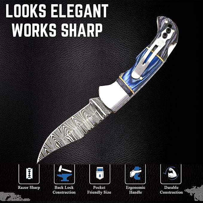 Handmade Damascus Pocket Knife for Men - 6.5 Inches Damascus Folding Pocket Knife with Clip Belt